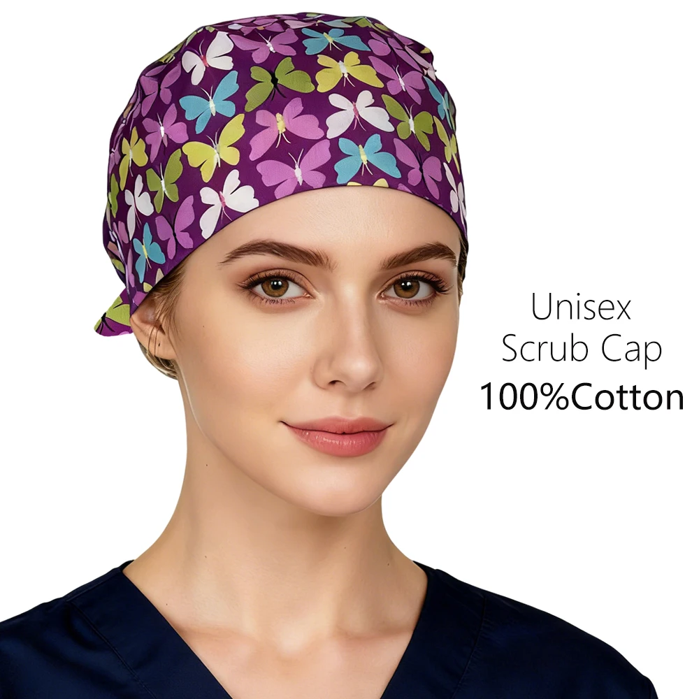 

Женская и мужская хирургическая шапочка-скраб для женщин и мужчин, 100% хлопок, повязка на повязку с принтом бабочки, косметолог, рабочая шапка для стоматолога, лабораторные шапки для медсестры