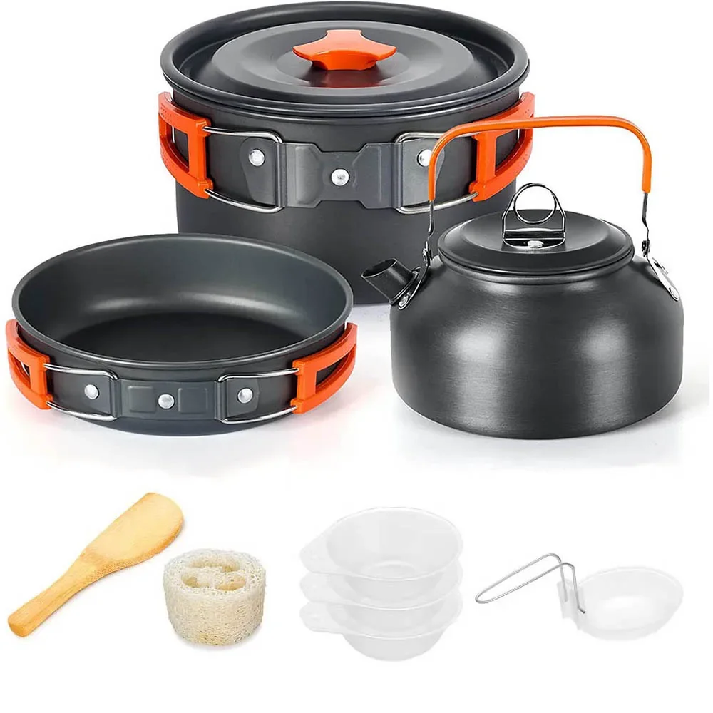 

Aluminum Outdoor Camping Cookware Set with Mesh Bag, Folding Cookset, Kitchen Cooking, Teapot and Pans Equipment