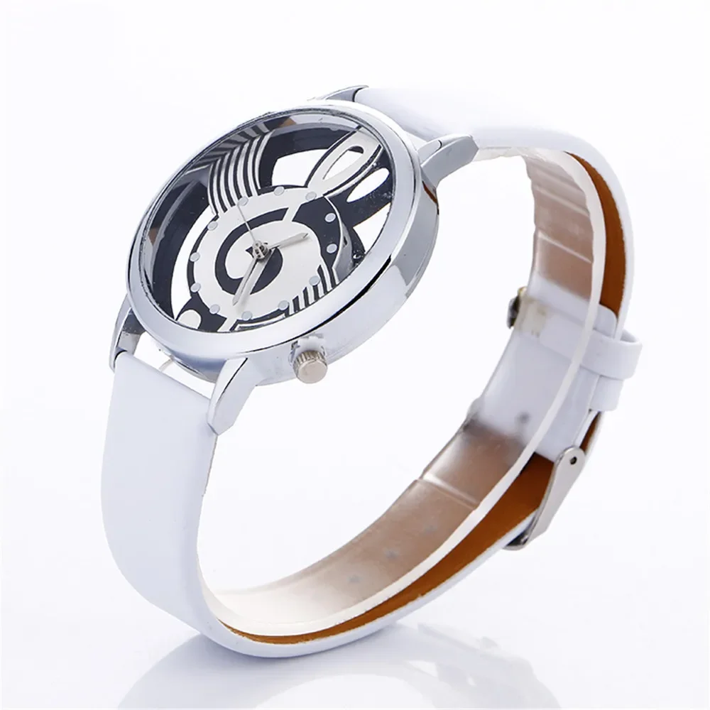 Reloj con forma de música hueca para mujer, esfera redonda, exquisito reloj de pulsera informal de cuero blanco y negro, envío directo