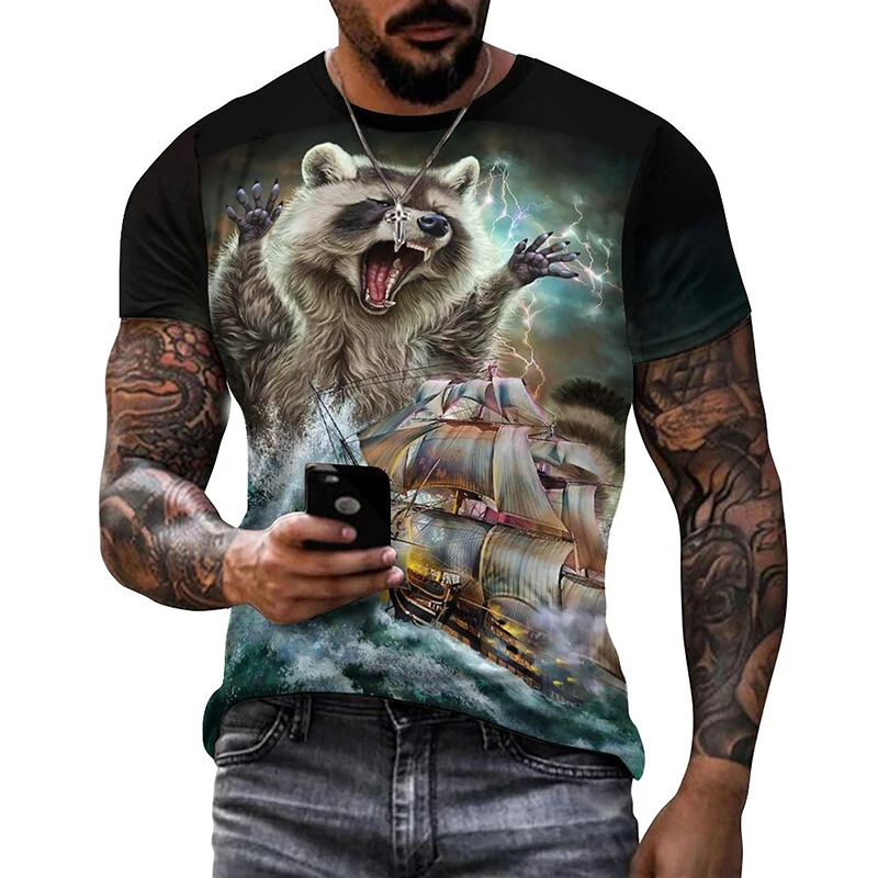 Funny Animal Panda Sloth Graphic T Shirt for Men Clothing 3D Little Raccoon Monster Kraken Print T-shirt Kids Tops Women Clothes