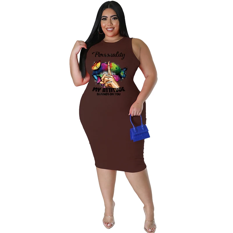 Wmstar Plus Size Women Clothing Dress Summer Lip Print Bodycon Stretch Elegant Midi Dresses Women Wholesale Dropshiping 2023