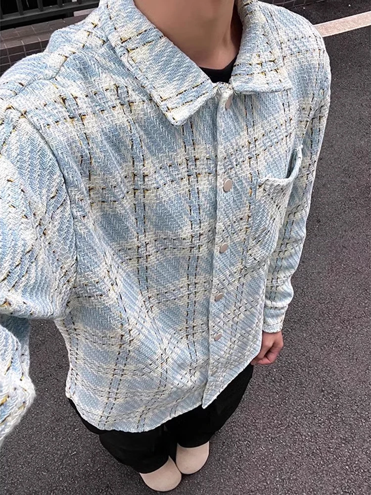 

Tian Blue Men's Spring Autumn American Retro Plaid Jaet Collar Baseball Sle Outerwear Stand Fit Polyester Fiber Long S...