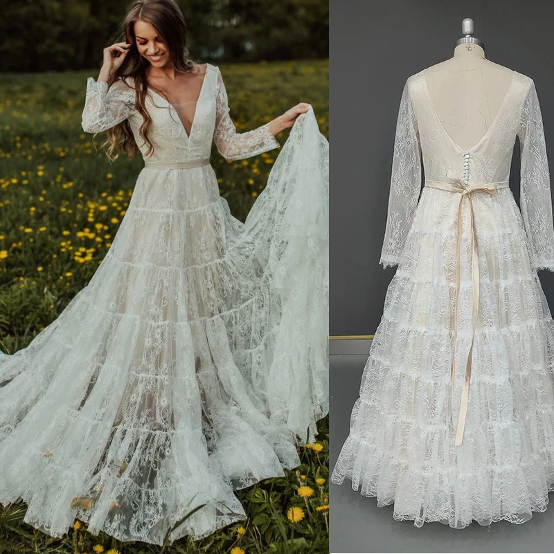 Vestido de novia de encaje con escote en V profundo, traje de novia con mangas de ilusión y lazo, sin espalda, personalizado, 11486