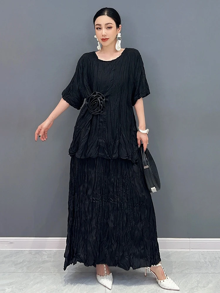 XITAO Round Neck Two-piece Set Half Sleeved Solid Color Loose All Match New Elegant Casual A-line Skirt Fashion Set LYD1836