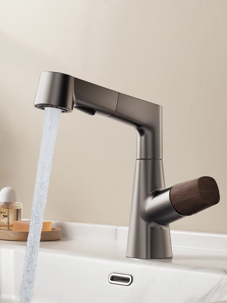 Bathroom faucet light luxury gun ash wash basin faucet household washbasin pull-out toilet basin hot and cold faucet G3/8G1/2