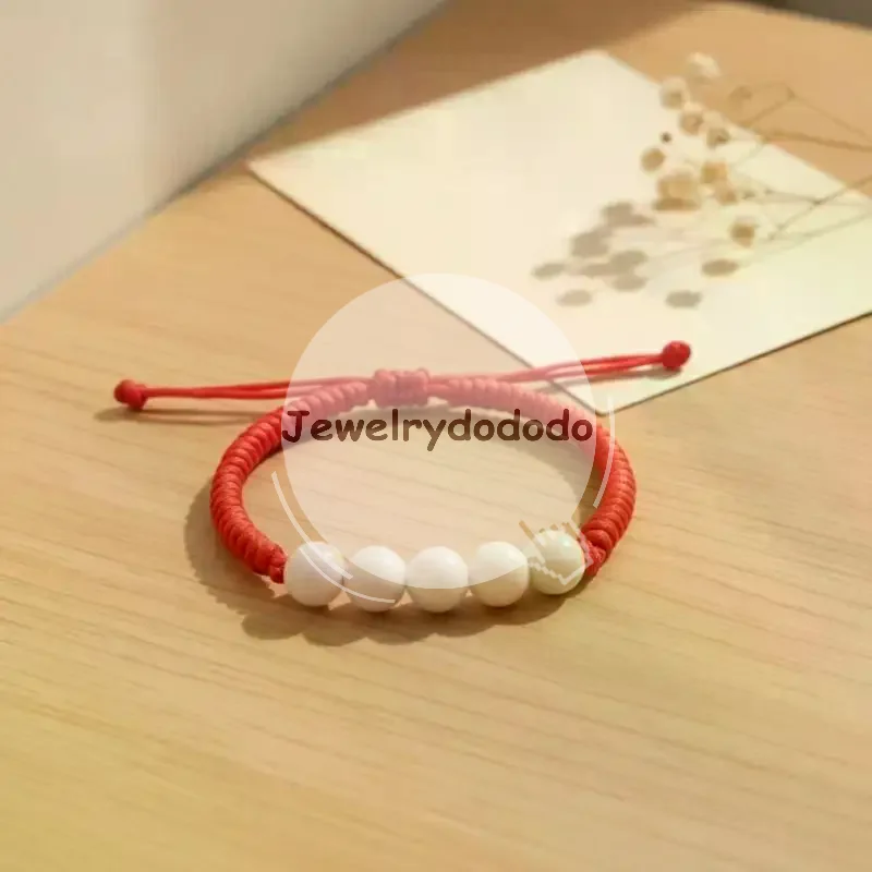 Red Braided Lucky  Bracelet 5 White Jade Beads Adjustable Knot for Blessing Gifting