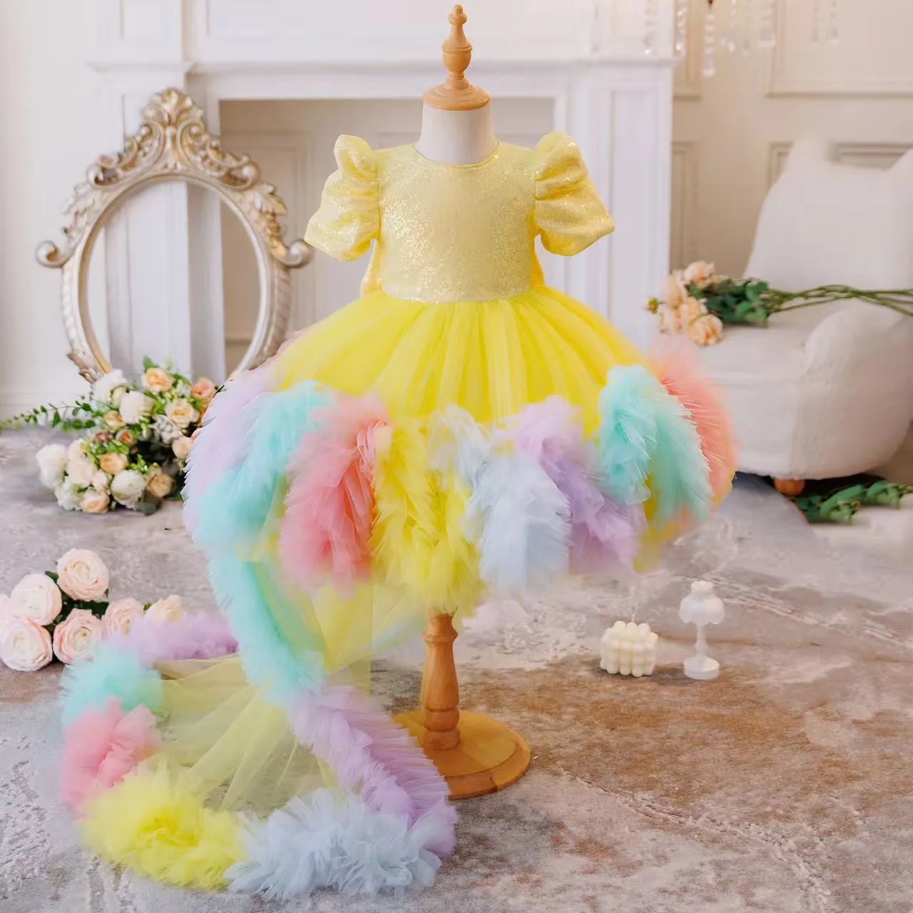 Princess Style Rainbow Train Dress for Girls with Bubble Sleeves And Tulle Skirt for Birthday Party Fashion Show Performance