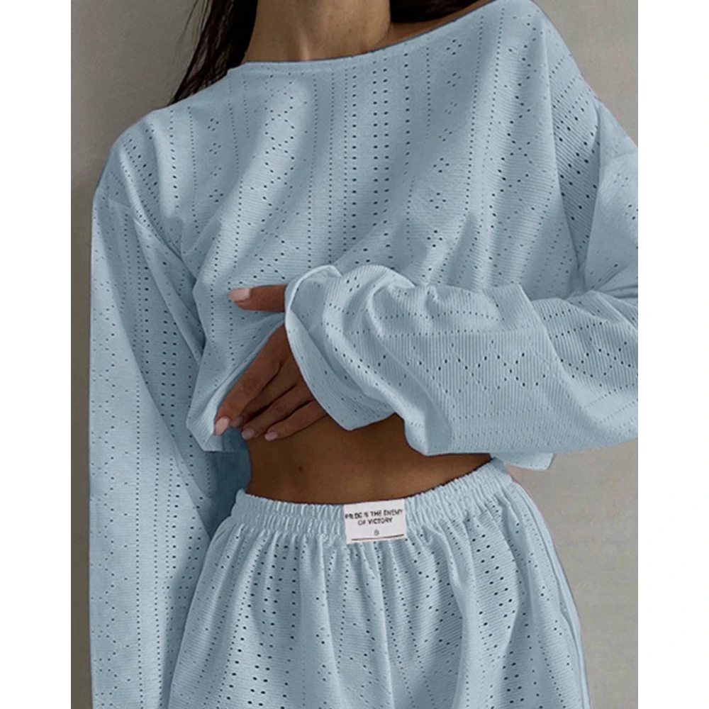 Women Hollow Out Round Neck Long Sleeve Shirt Top & Elastic Waist Shorts Set Casual Two Pieces Suit Sets Streetwear Outfits
