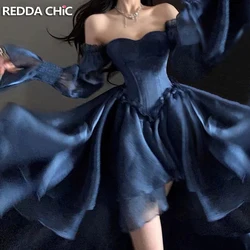 ReddaChic High-Low Trail Princess Dress Women Puff Long Sleeves Lace Up Jacquard Satin Ruffle Mini Dress Wedding Party Ball Gown