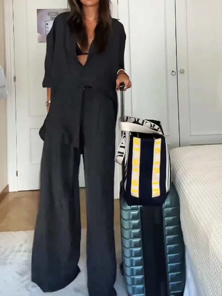 

Fashion Casual Outfits Women Elegant Long Sleeve Single Breasted Shirts Pocket Pants Matching Sets Women Solid Color Commute Set