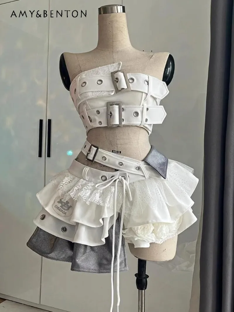 

Japanese Sweet Cool White Punk Style Y2k Tube Top Splicing Lace Irregular Tutu Sexy Two-piece Set For Girls