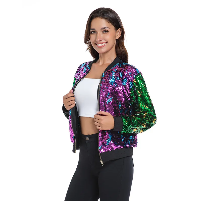 Frühling Herbst Neue Mode Glitter Frauen Baseball Jacke Einfache Rundhals Damen Langarm Mantel