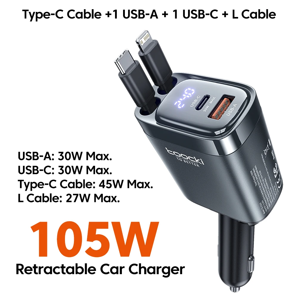 Toocki Digitale Display Autolader 105W 4 In1 Snel Opladen Dual Type-C Kabel Met Intrekbare Kabel Voor iPhone 16 15 14 Samsung
