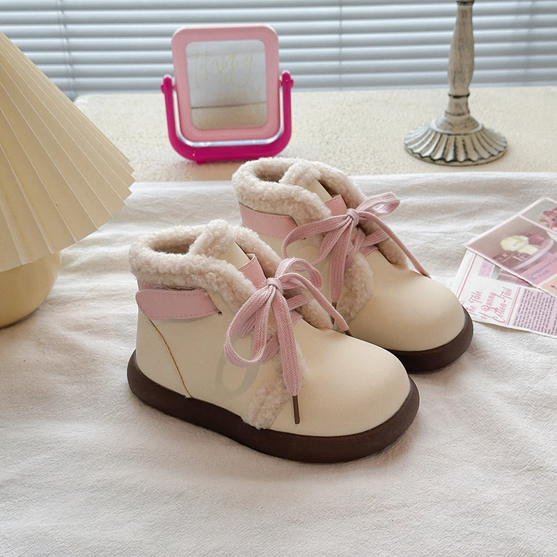 Kids Snow Boots Girls' Fashion Beige Pink Lace-Up Ankle Boot - Fleece-Lined Cute Winter Warm Footwear for Kids Girl Shoes 26-36