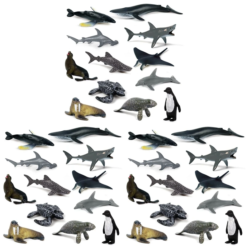 N03R-36Pcs Simulation Mini Marine Animal Giant Tooth Shark Killer Whale Blue Whale Shark Penguin Dolphin Model Toy