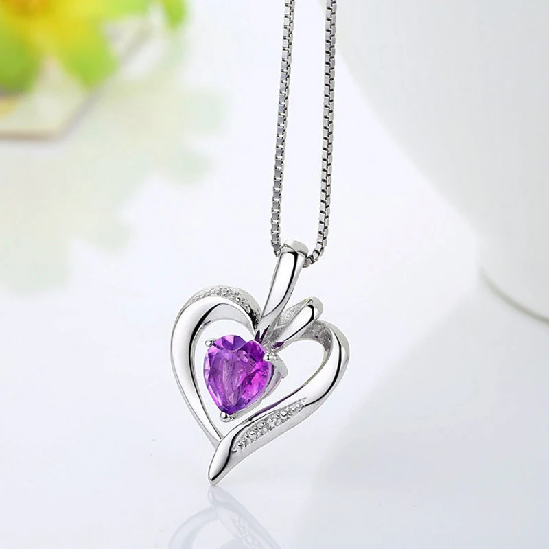 New Fashion 925 Sterling Silver Jewelry Fine Purple Zircon Heart Pendants Neckalce CZ Clavicle Chain Women&Girl Anniversary Gift