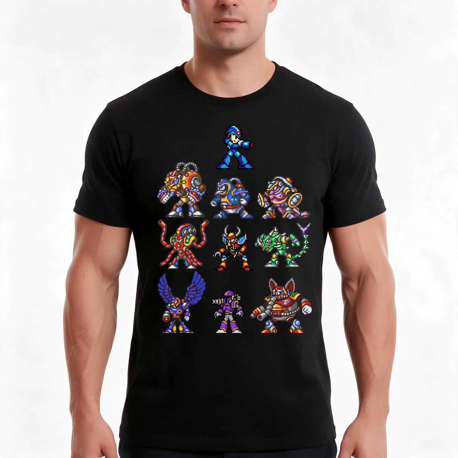 Mega man x Maverick robot masters stickers T-Shirt, Summer Casual Cotton Tee, Oversized Streetwear Tops, Vintage Graphic Print