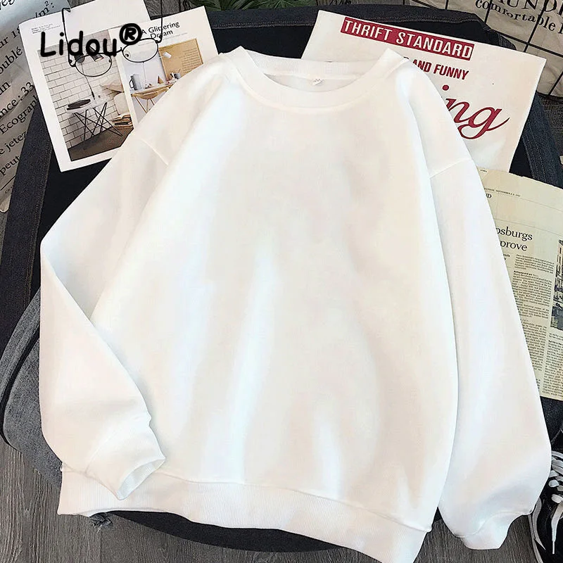 

2022 New Autumn Winter Solid Color Sweatshirts Women Interior Lapping Plush Classic Long Sleeve O-collar Casual All-match Top