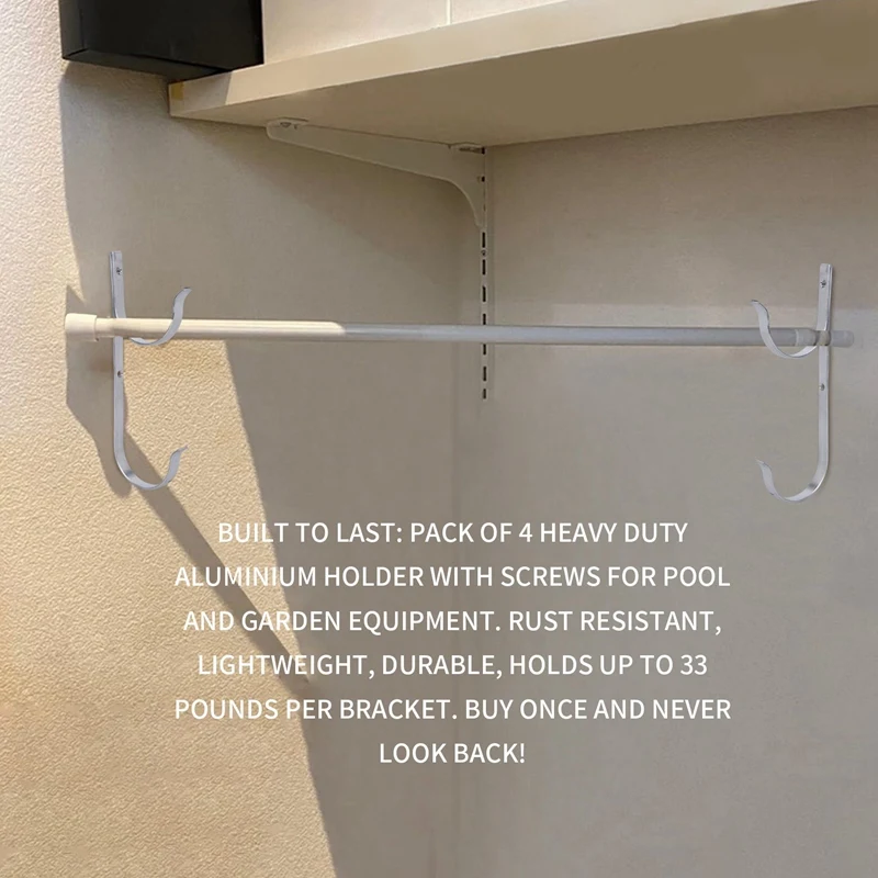 Pool Pole Hanger Premium 4Pc Aluminium Holder Set, Hooks For Telescopic Poles, Skimmers, Leaf Rakes, Nets, Brushes, Vacuum Hose,