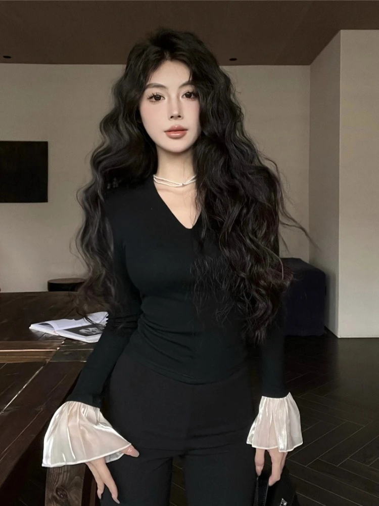 Top Base Layer in Dralon Spazzolato da Donna, Autunno Inverno, Nero, Scollo a V, Maniche Svasate, T-Shirt Corta per Stratificazione, Stile Hot Girl