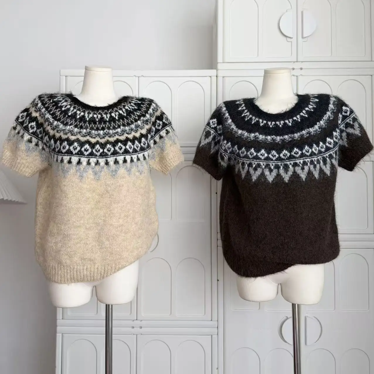 

Women's Autumn Winter Chic Geometric Short Sleeve Sweater Lady O Neck Pullover Loose Basic Jumper Top