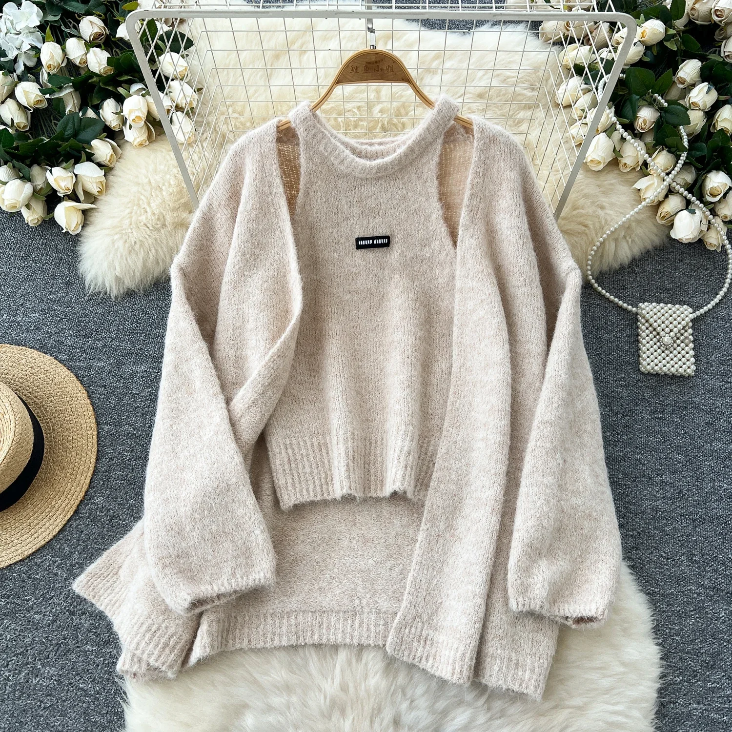 Chic Women Two-Piece Sets Basics Halter Sleeveless Vest Knitted Open Stitch Coat French Streetwear High Street Autumn Winter Top