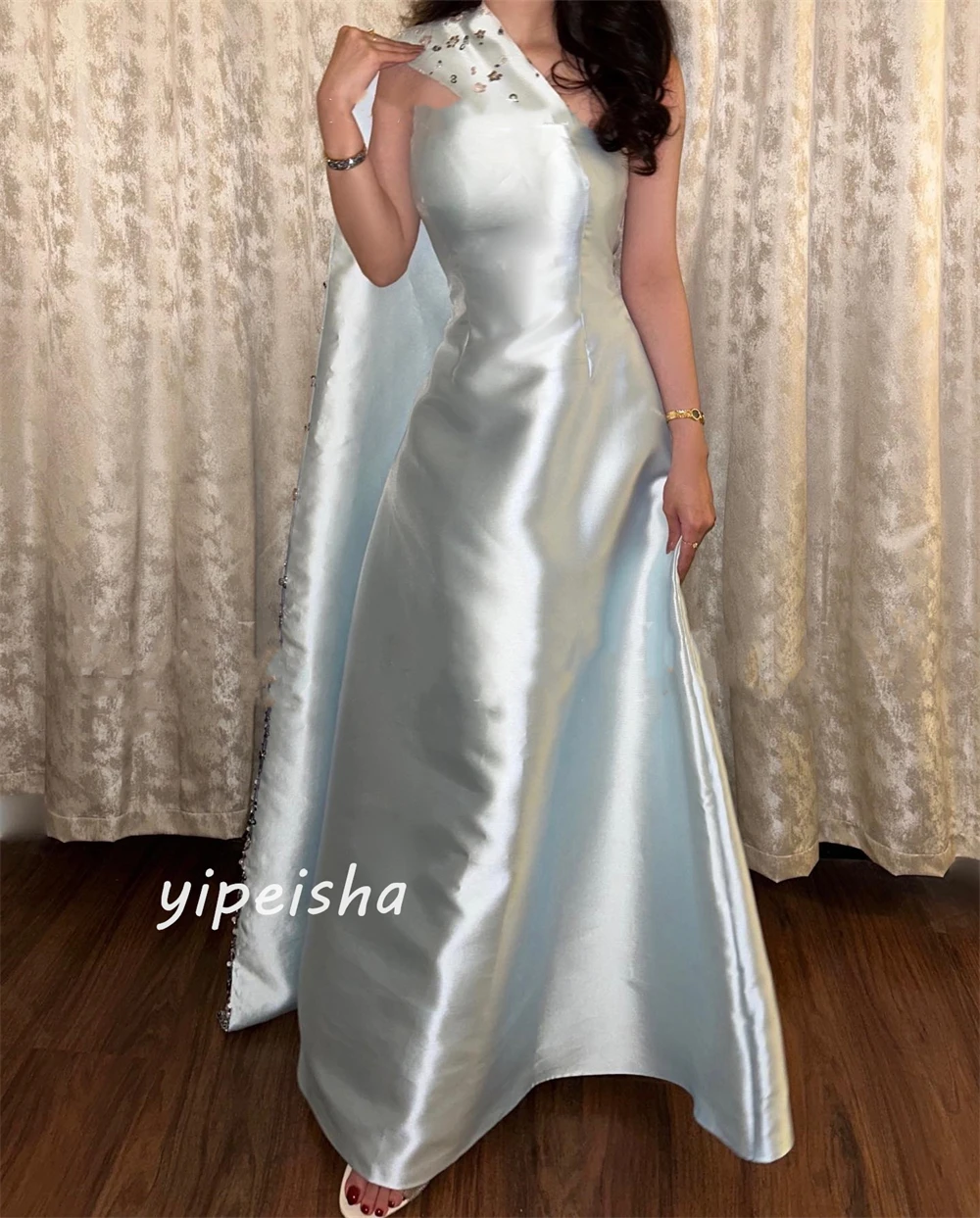 Jiayigong  Satin Draped Sequined Birthday A-line One-shoulder Bespoke Occasion Gown Midi Dresses Saudi Arabia Evening