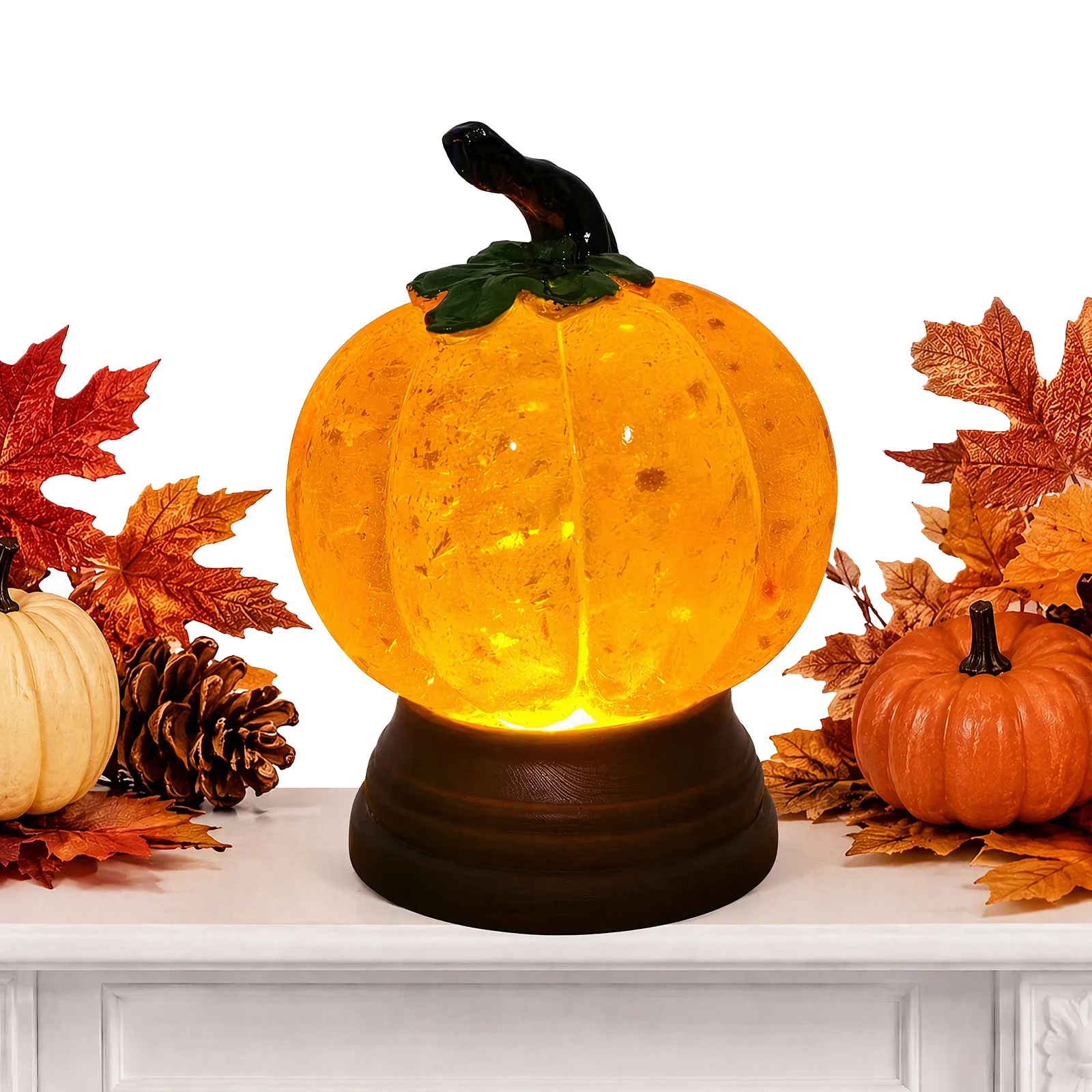 Lighted Pumpkin Snow Globe Glitter Gold Flakes LED Halloween Fall Home Decoration