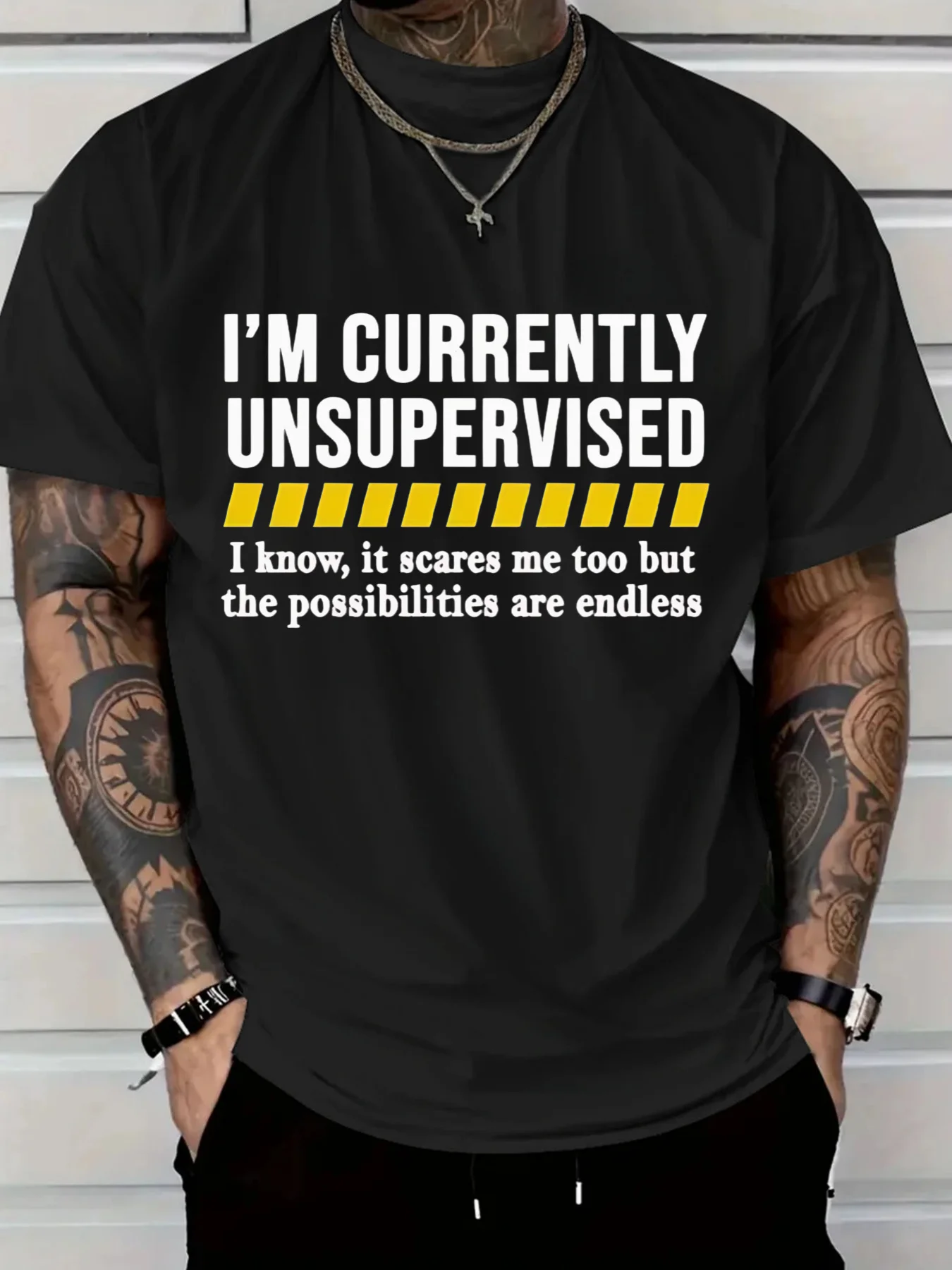 New Men's Casual Cotton T-Shirt I'm Currently Unsupervised Funny Graphic Tee Breathable Fabric Printed Shirt Laidback Style