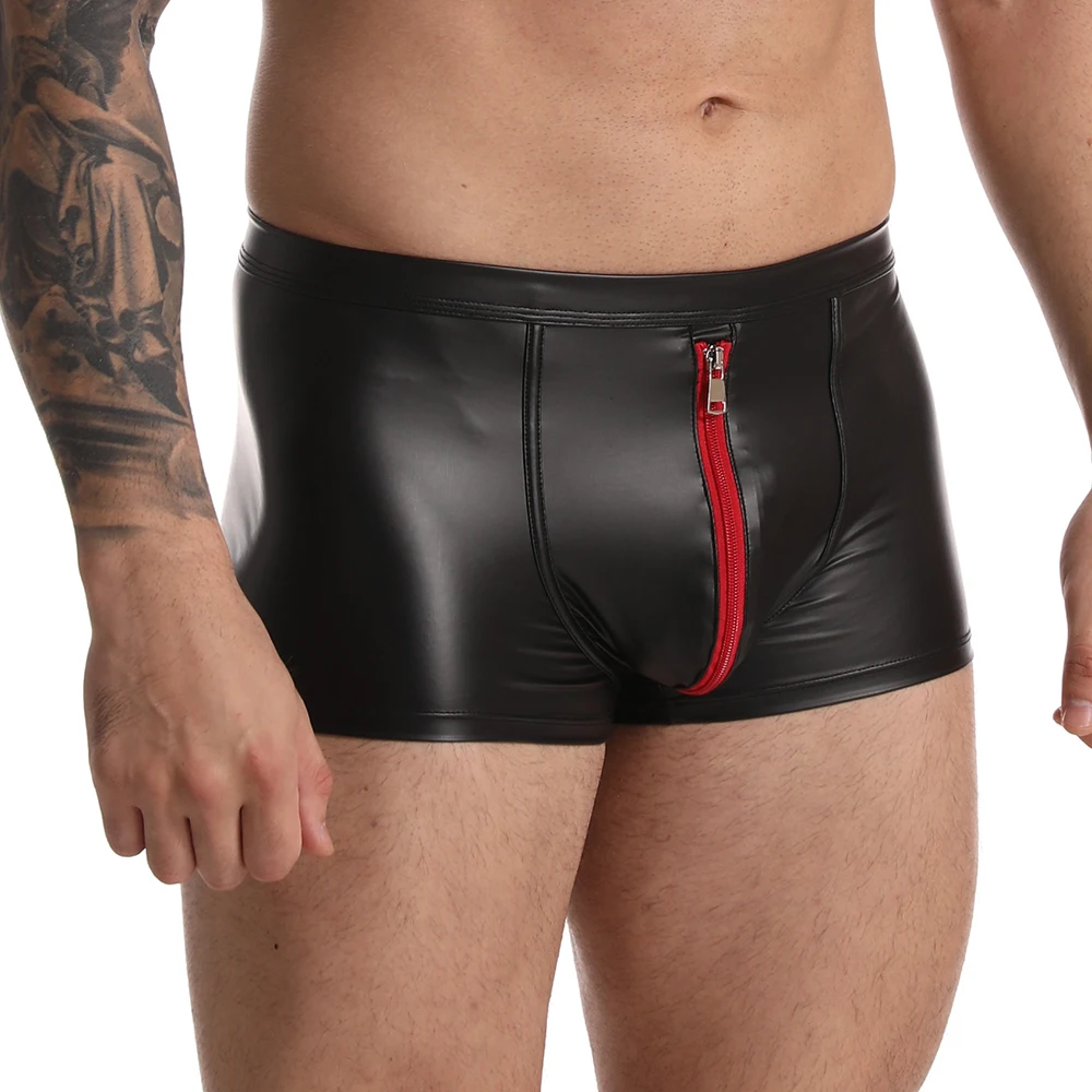 Zipper Boxer Men\'s Panties Sexy Leather Shorts Bulge Pouch Underpants Gay Hot Mens Underwear Soft Slip Briefs Male Causal Wear