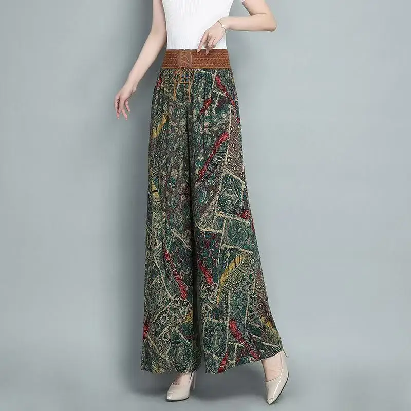 2026 Summer Women's High Waist Wide Leg Lounge Pants Skirt with Stripe and Floral Print Elastic Waist Comfort Wear