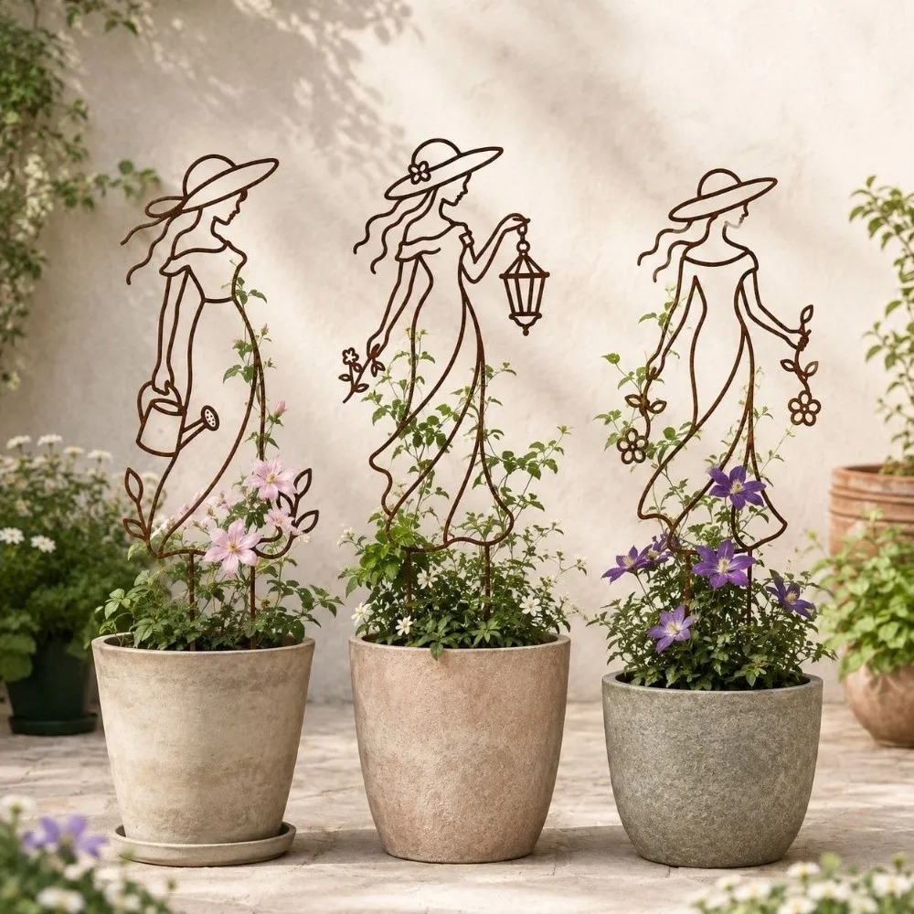 Distressed Iron Character Silhouette Plant Trellis Weather Resistance Hollow Out Metal Figure Vine Climbing Frame