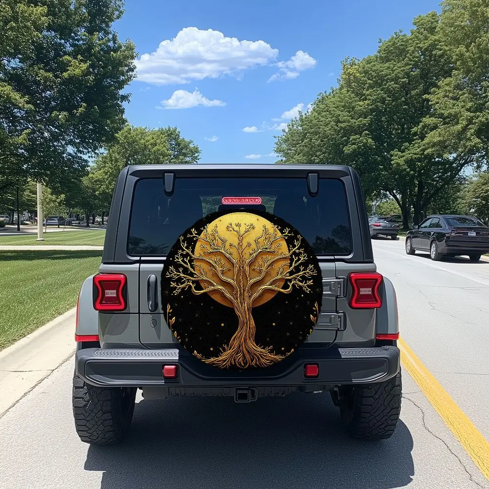 Fit Golden Tree Of Life Car Spare Tire Cover - Ornate Chinese Yin-Yang Inspired Emblem With Golden Tree Roots & Branches, Durabl