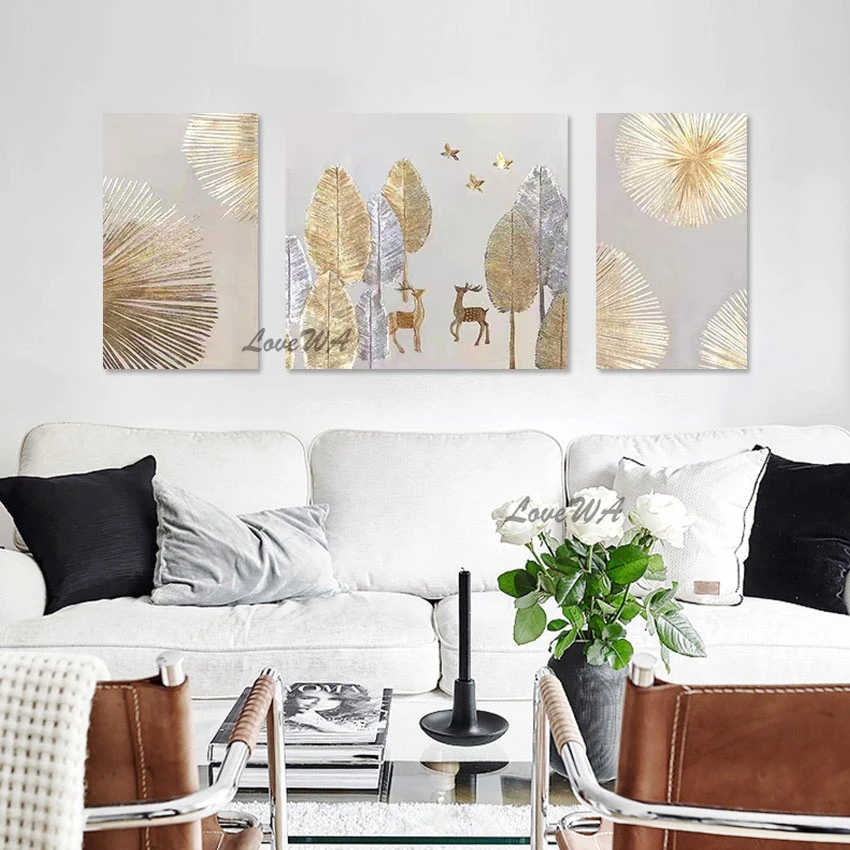 Gold Foil Home Decoration Luxury 3 Panel Canvas Wall Art Hand Painted Abstract Oil Painting Living Room Pictures Custom Artwork