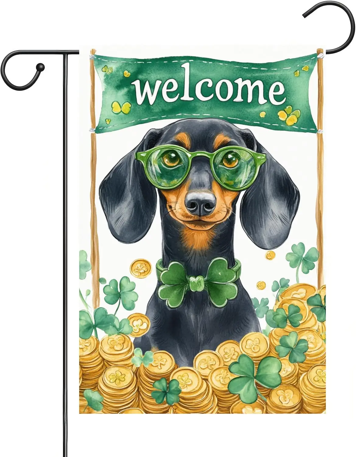 Dachshund Garden Flag St. Patrick's Day Garden Flag 12x18 Double-Sided Lucky Clover Gold Coin Banner Spring Holiday Farm ZZM