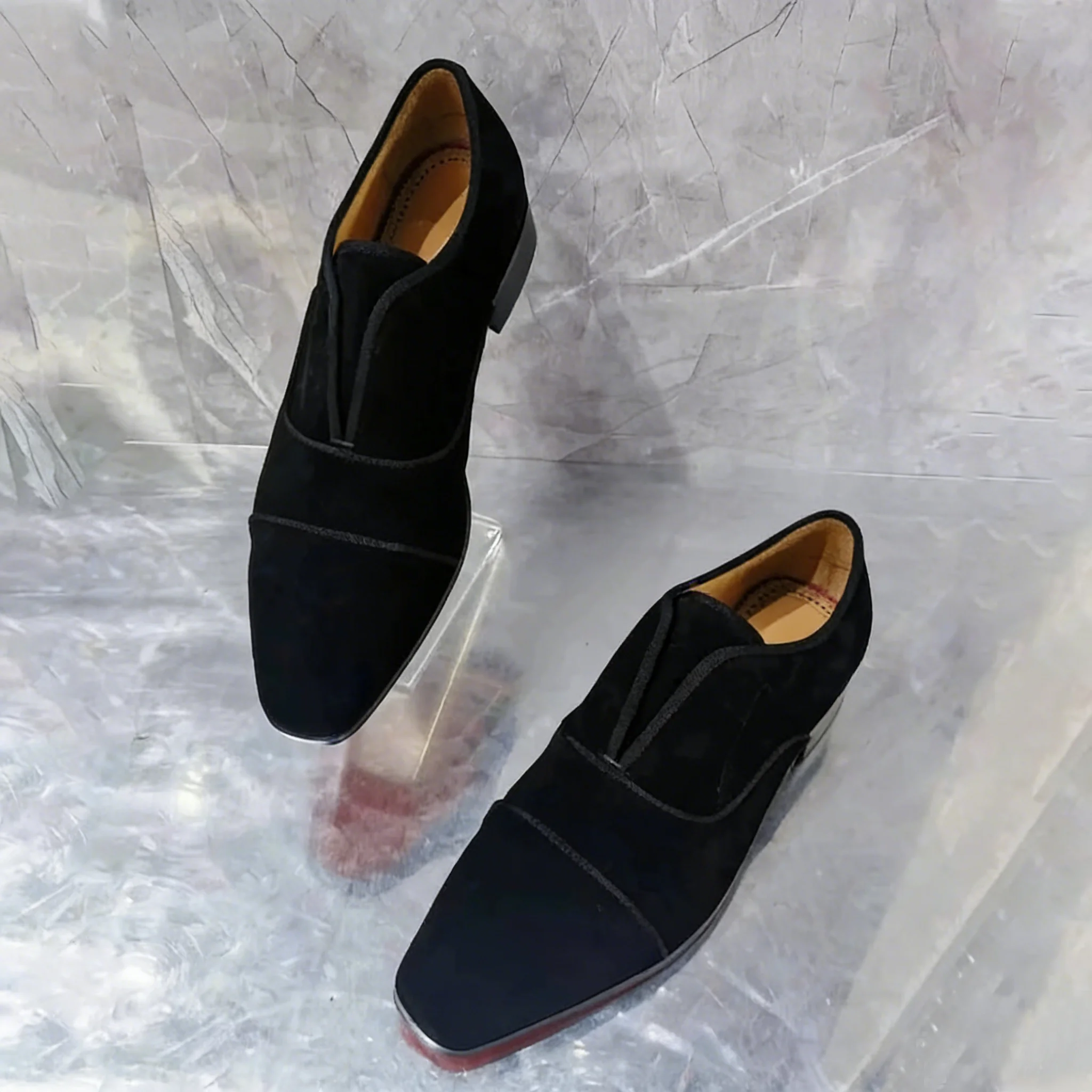 

Men's Black Suede Monk Strap Loafers Square Toe Slip On Formal Dress Shoes Luxury Business Wedding Party Casual Male Footwear Bi