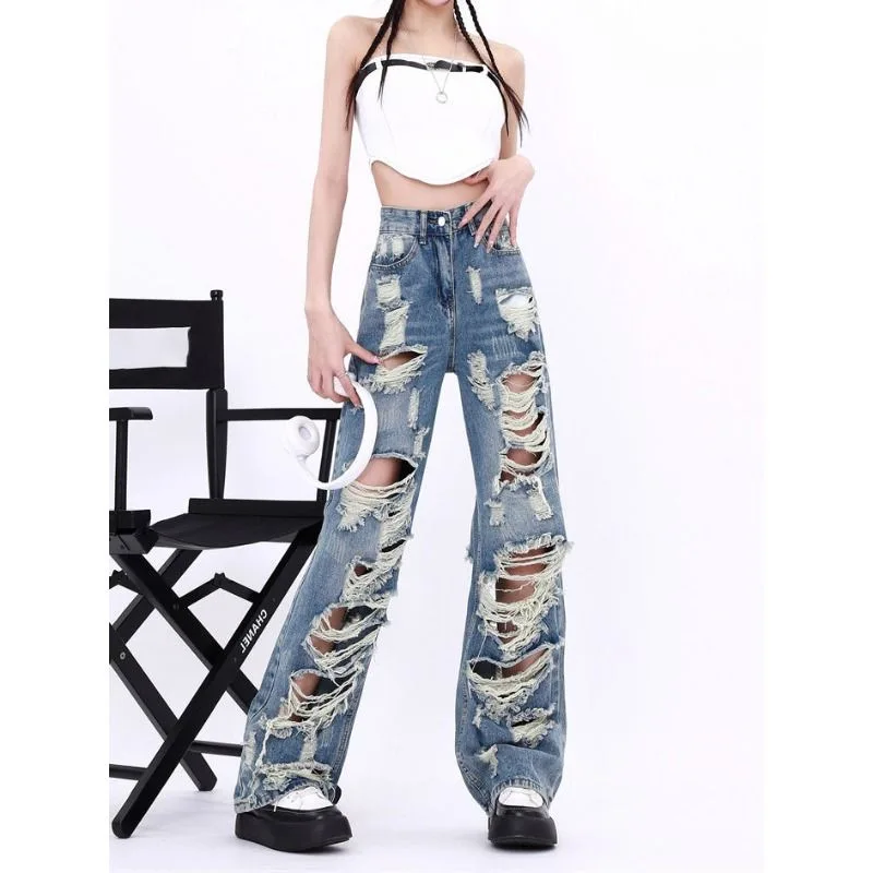 

Women's American Vintage Washed Distressed Jeans, Ripped Destroyed Design Baggy Straight Wide-Leg Casual Streetwear Pants