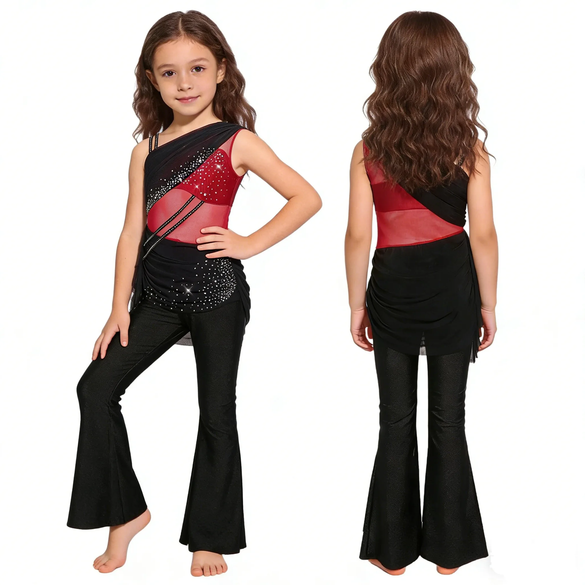 

Детский комбинезон для девочек с сетчатыми вставками и стразами, расклешенный, для лирических танцев, фигурного катания, гимнастики, акробатики, латиноамериканских и джазовых танцев