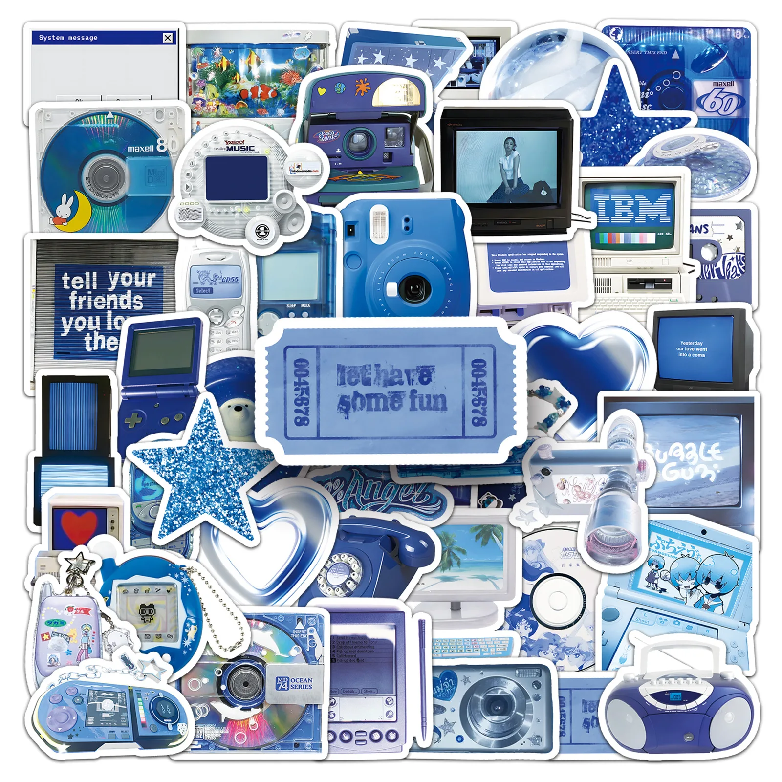 50PCS Retro Y2K Blue Stickers Electronic Digital Cartoon Decals Kids Toys Skateboard Phone Notebook Bike Waterproof Toys Gifts
