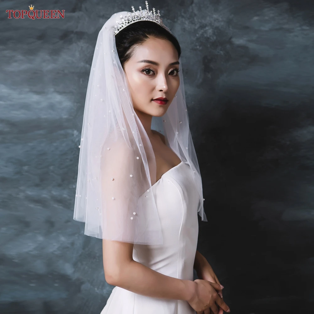 

TOPQUEEN V07 Short White Ivory Wedding Veil Pearls Tulle With Hair Comb Elbow Two-layer Bridal Veil For Wedding Short Veil
