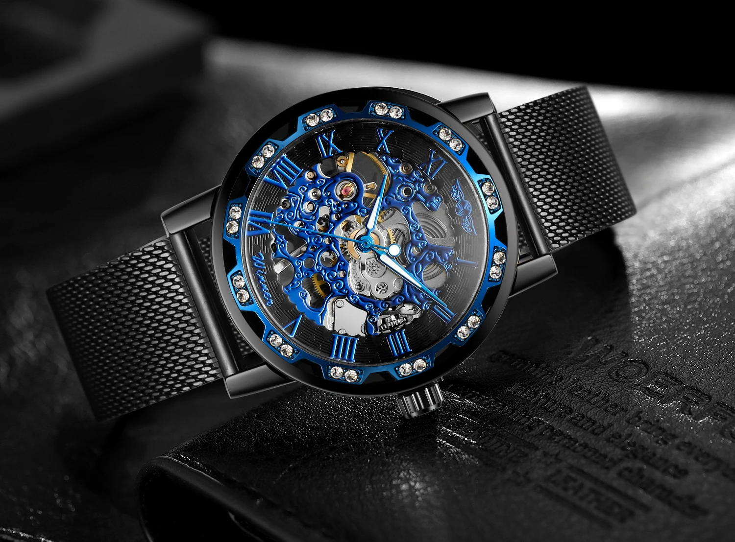 T-WINNER Klassische Herrenuhren, Skelett, mechanisch, leuchtende Zeiger, Strass-Mesh-Band, Mann, römische Ziffern, leicht ablesbare Armbanduhr