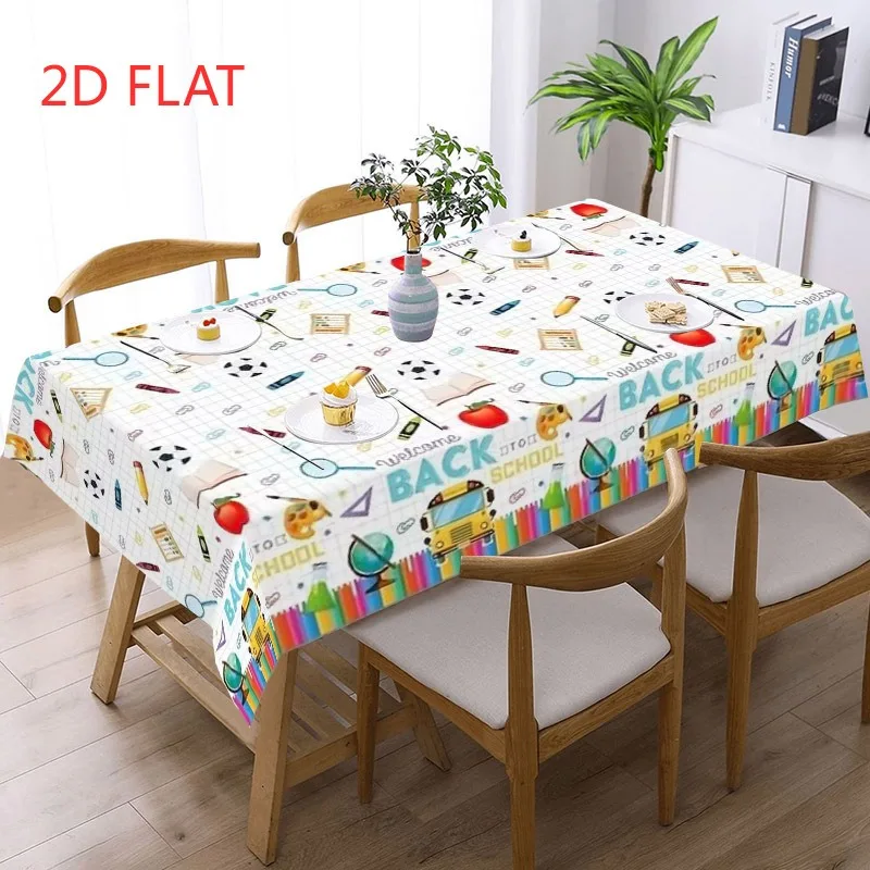 A tablecloth featuring school supplies motifs for back-to-school, creating a lively campus atmosphere.