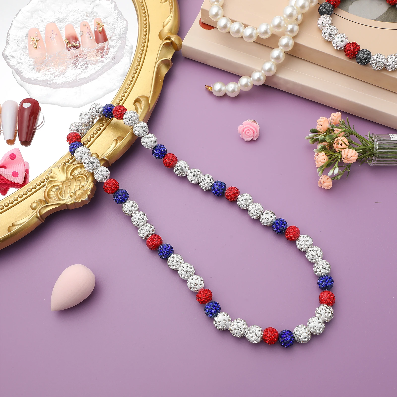 

3pcs Colorful Diamond Ball Necklace WhiteRedBlue Ice Rhinestone Bead Chain Men Punk Jewelry 18cm40cm45cm NeckChain Accessory