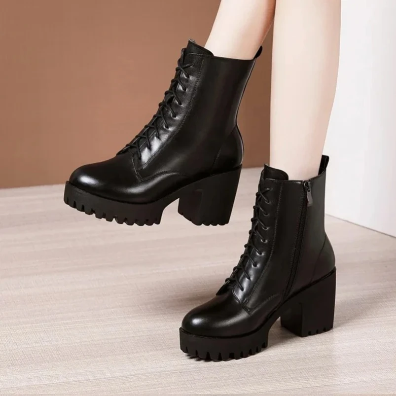 

2025 8cm Small Size 32-43 Waterproof Block High Heels Boots Platform Shoes with Fur Winter Thick Bottom Leather Ankle Boots