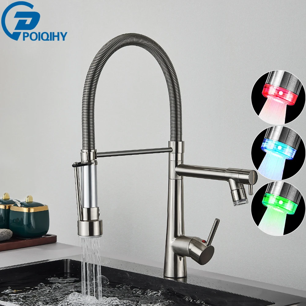 Brushed Nickel Kitchen Faucet Pull Down Kitchen Sink Tap LED Light Water Spring Mixer Faucet 360 Rotating Handsfree Spout Black