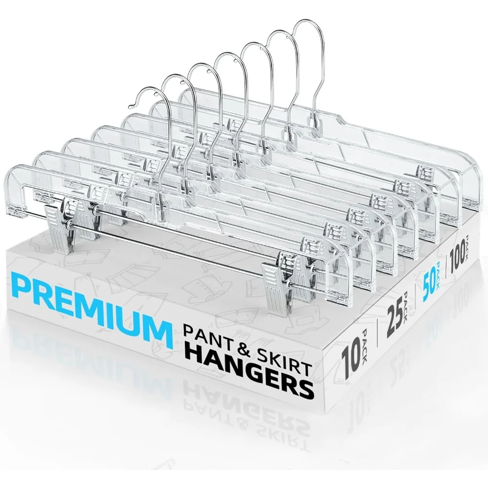 

50 Pack Clear Plastic Pants Hangers with Clips, Skirt Hangers, Clip Hangers for Pants, Trouser Bulk Plastic Pant Hangers