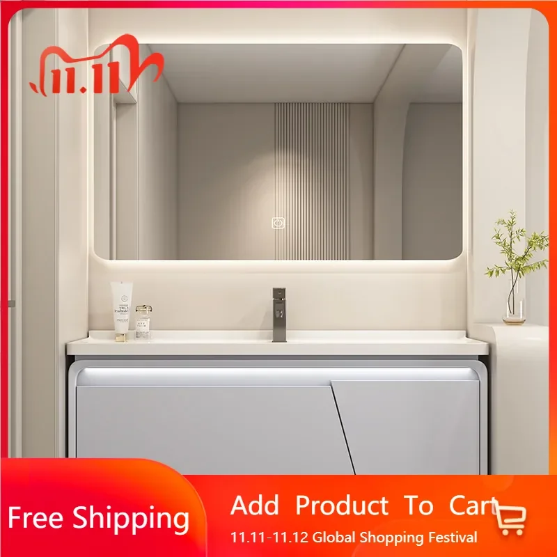 

Modern Smart Bathroom Vanity Cabinet with Sink Ceramic Integrated Washbasin Oak Cabinets LED Mirror Cabinet Bathroom Furniture