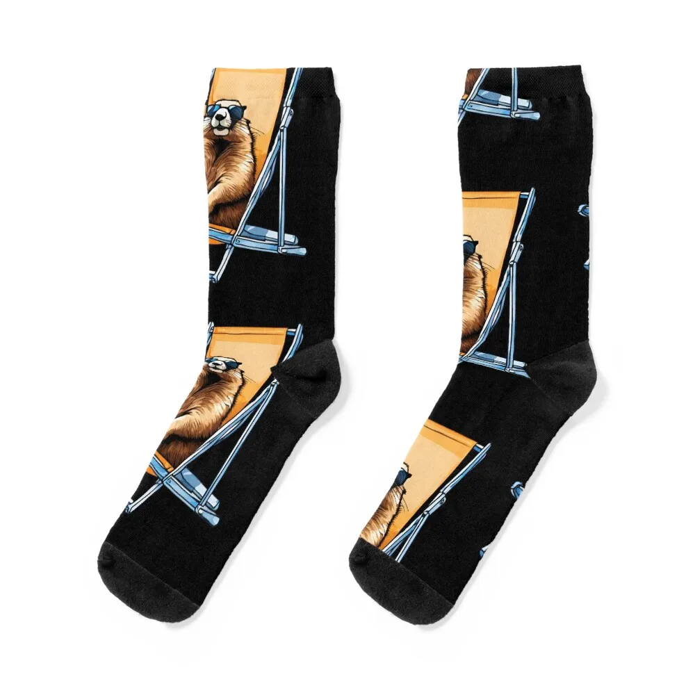 Relaxed Marmot with Glasses on a Deckchair Socks set summer Toe sports winter Socks For Man Women's