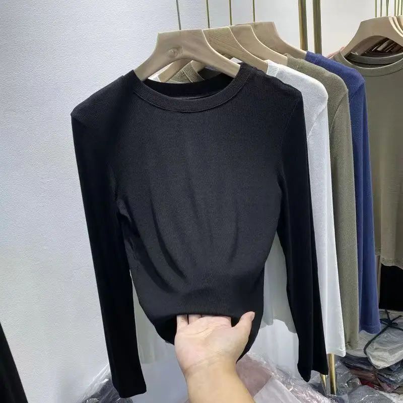 女性のベーシックなラウンドネックTシャツ,長袖,伸縮性のあるトップ,ネジ山,マルチカラー,モノクロ,すべてにマッチするトレンド,カジュアル,オフィス,女性,秋