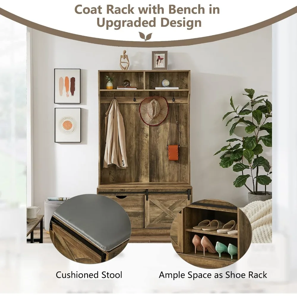 مقعد مدخل باب الحظيرة المنزلق مقاس 71 بوصة على طراز المزرعة مع رف معطف وتخزين للممر